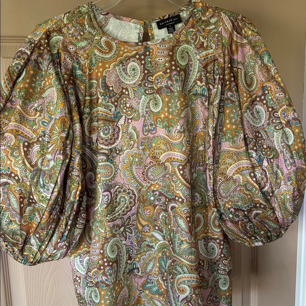 Current Air Paisley Puff-Sleeve Blouse in Brown, Pink & Green